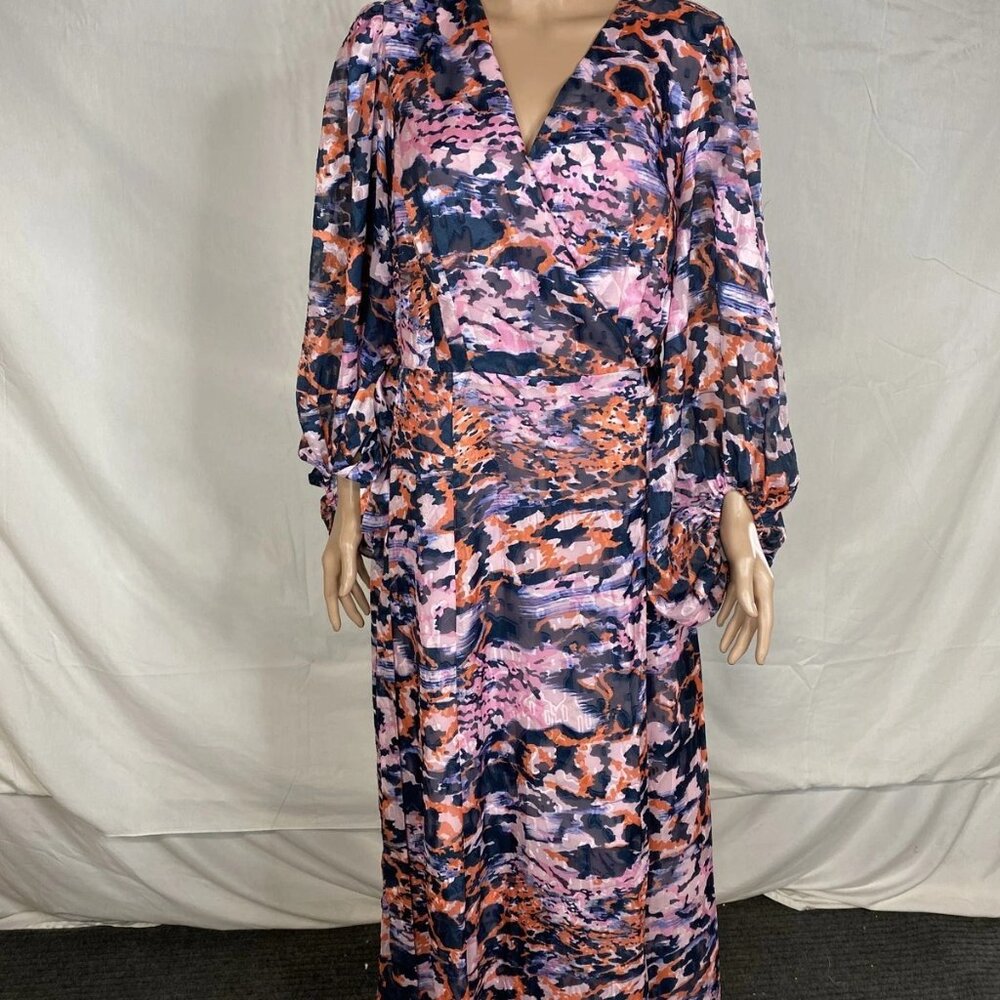 Hutch Women's Wrap Midi Dress Size 1X | Flowing Long Sleeve Chiffon – Pink/Blue